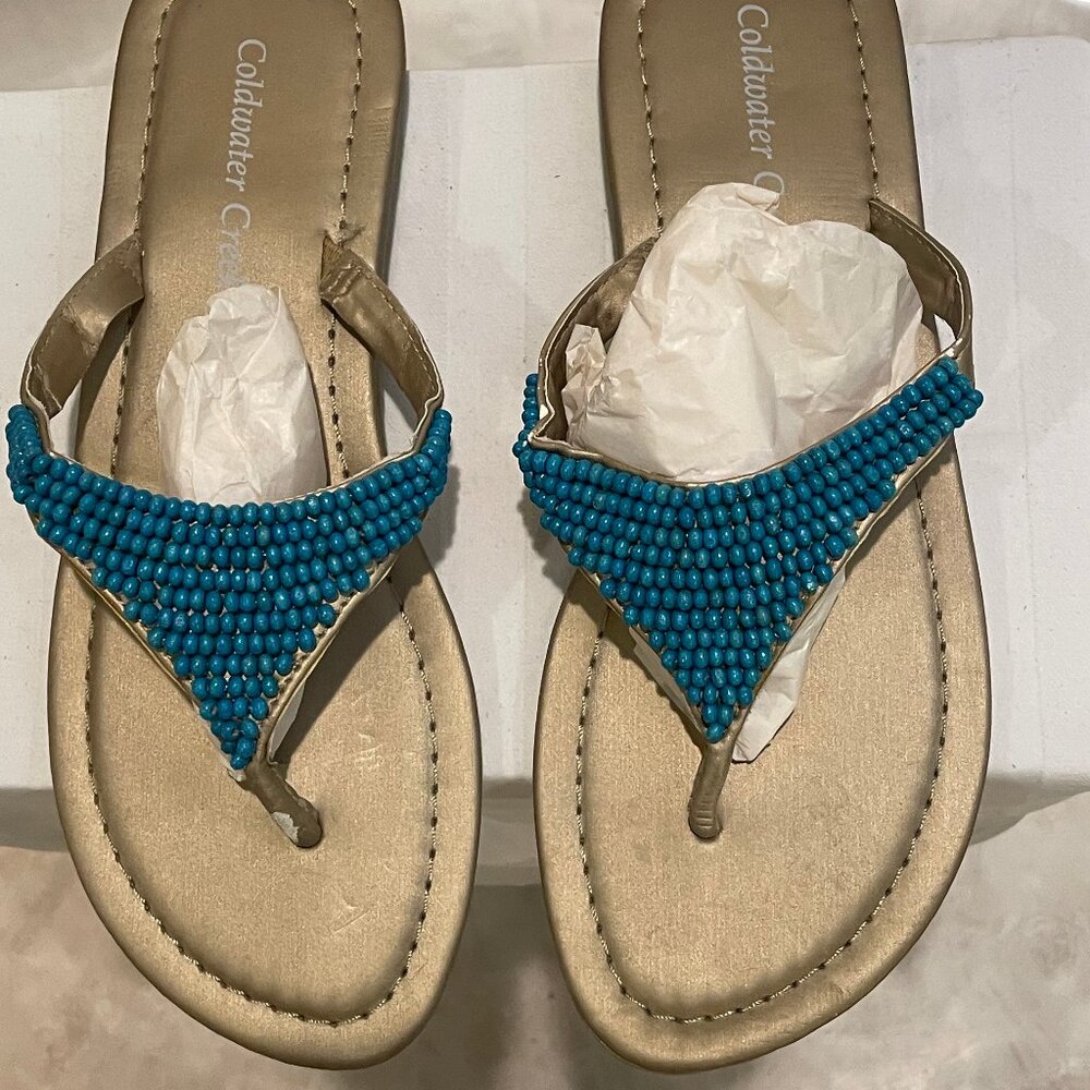 Coldwater Creek, Turquoise & Gold Slip On Sandals, Size 8.5 to 9